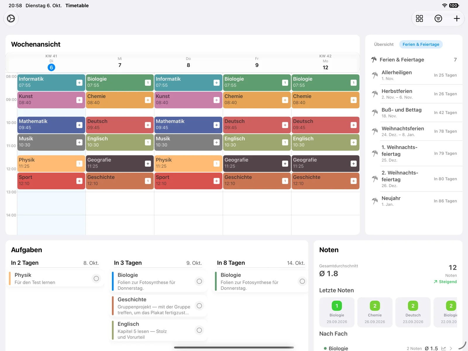 Timetable Manager Wochenübersicht auf dem iPad, mit Stunden, Aufgaben und Noten auf einen Blick