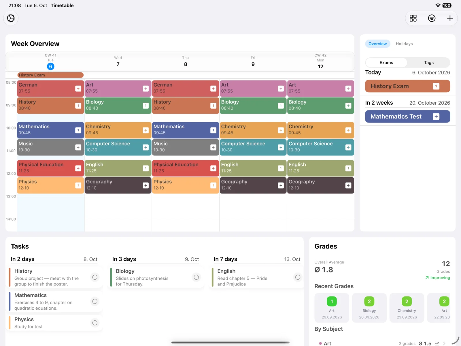 Timetable Manager week dashboard on iPad, with classes, tasks and grades together