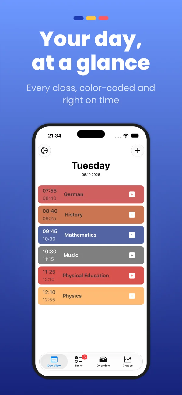Day view: every class, color-coded and right on time