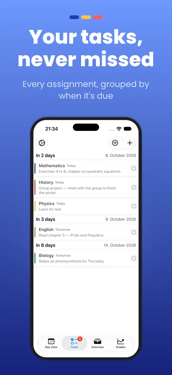 Tasks: every assignment, grouped by when it's due