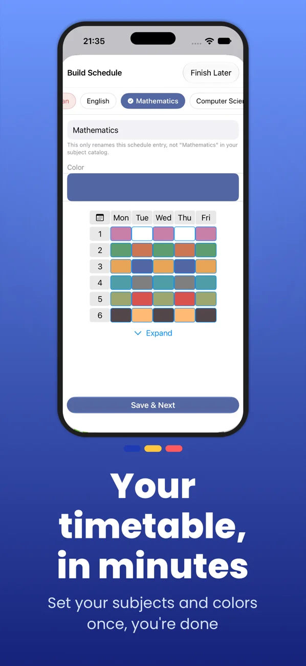 Build schedule: set your subjects and colors once